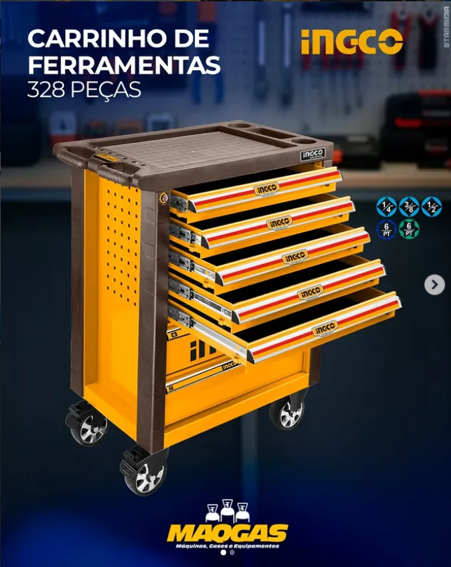 Carrinho de ferramentas Ingco com 328 peças comercializado pela MaqGas